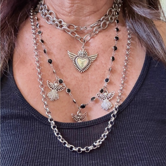 cherubsheart Jewelry - Layered Silver Angel & Heart Necklace with Black Bead Accents